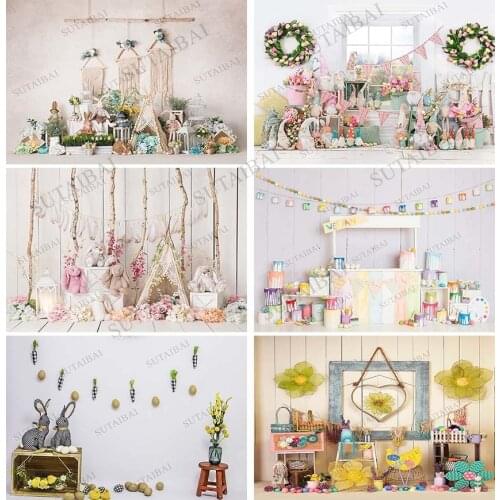 Easter Photography Backgrounds Wooden Board Wall Green Grass Flowers Easter Eggs Children Portrait Photo Backdrops Props