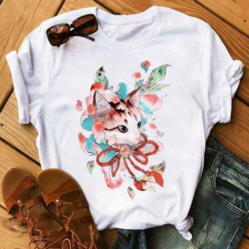 Summer Womens T-shirt Cute Cat Print T-shirt Casual Short Sleeve Top Harajuku Graphic T-shirt Camisetas Mujer Female