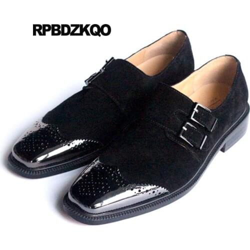 Italian Patchwork Wingtip Black Men Formal Suede Shoes 11 Square Toe Dress 46 Brogue Metal Double Monk Strap Party Large Size