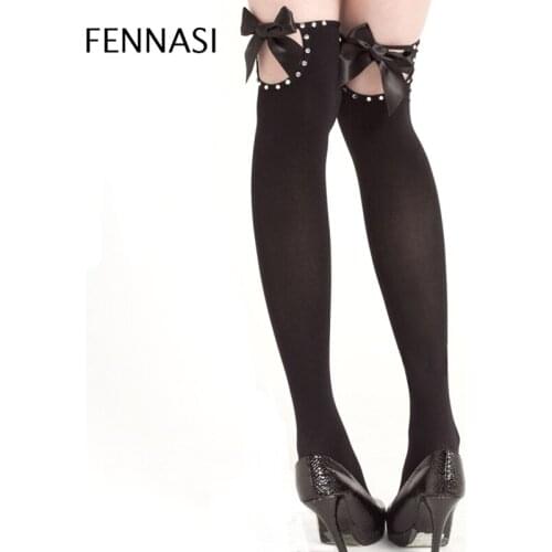 FENNASI Hollow Out Shiny Rhinestone Tights Sexy Stockings Female Thigh High Bow Embroidery Pantyhose Women Black Hosiery
