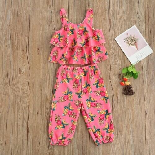 Two Piece Ruffle Floral Print Baby Girls Clothes Sets Summer Camisole Trousers Suit Flower Suspender Tops Loose Long Pants Suit
