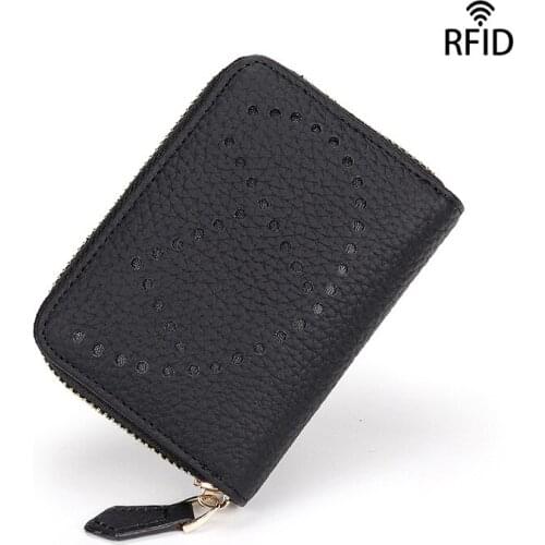 Leather Id Badge Hoider Bag Female RFID Anti-Degaussing Card Purses Sleeve Layer Cowhide Fashion Multi Compact Wallet Package