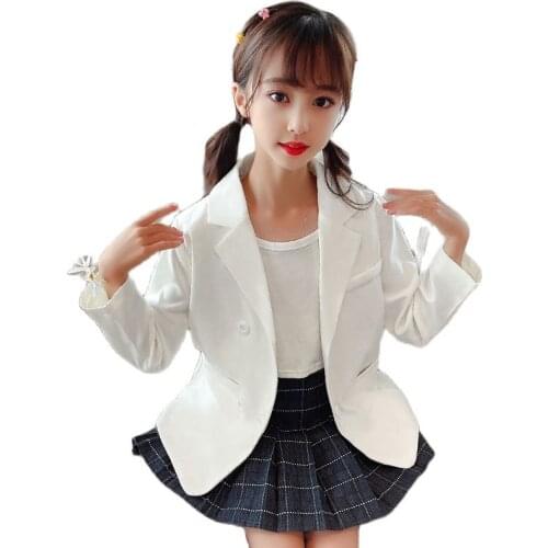 Spring Autumn Children Formal Clothing Girls Pure White Blazer Teenage Kids Casual Fashion V-neck Jacket 5 6 7 8 9 10 11 12 13 Y