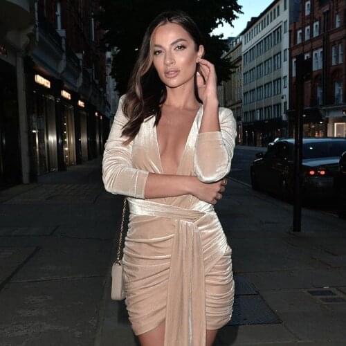 Summer Long Sleeve Slim Mini Dress Womens Sexy Party Deep V Lace-up Mini Dress Elegant Party Club Set Fall -40