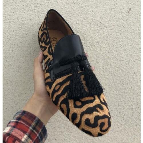 Moraima Snc Hot Selling Leopard Printed Men Flat Shoes Round Toe Tassel Decorations Slip on Party Dress Shoes Males Leather Shoe