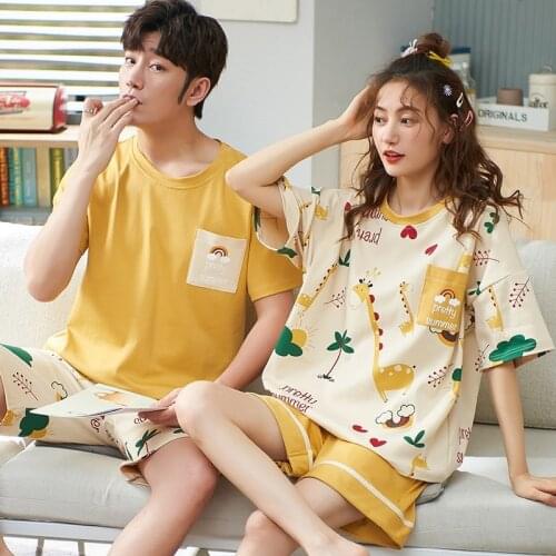 Couples Pajamas Set Summer Cotton Leisure Cartoon Giraffe Cute Womens Sleepwear Plus Size Short Sleeve Men And Women Homewear