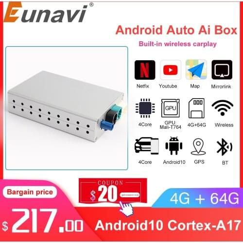 Eunavi AI Box CarPlay Android System, Car Multimedia Player, Plug and Play, Android 8.1 4G RAM 64G ROM GPS WIFI Mirror-Link Cast