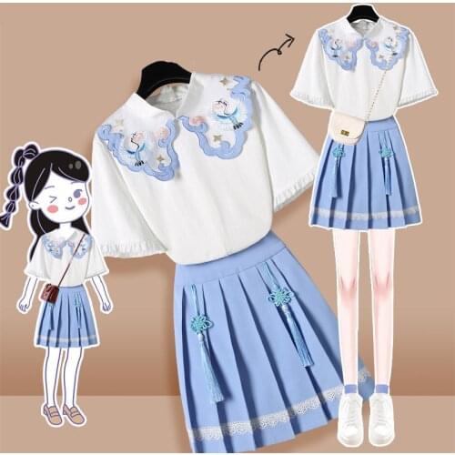Plus Size Womens Summer New Chinese Style Hanfu Improved Jk Uniform Suit Short Sleeve T-shirt+skirt Sweet Set Fairy Clothes