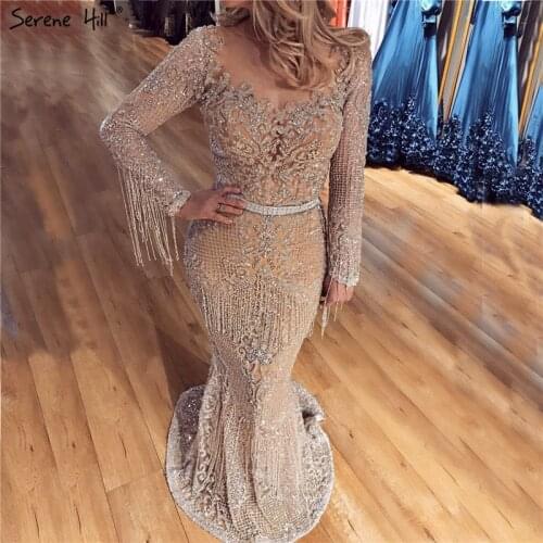 Dubai Luxury Long Sleeve Sparkle Evening Dresses 2020 Sequined Beading Evening Gowns Serene Hill Plus Size LA60707