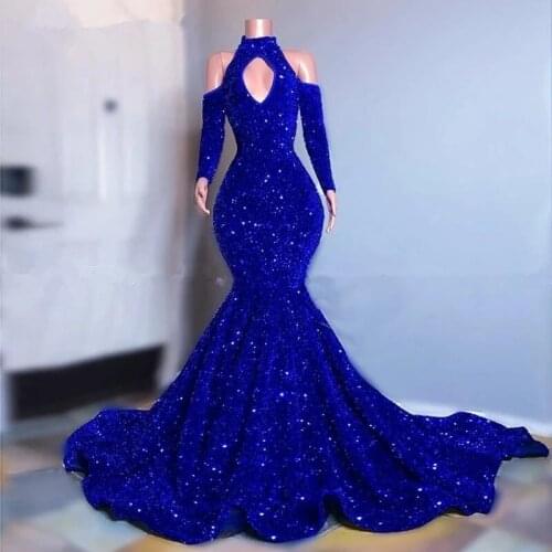 Royal Blue Sparkly sequins Prom Dresses Long Sleeves Mermaid african Evening Gowns 2021 Elegant Off Shoulder Women Formal Dress