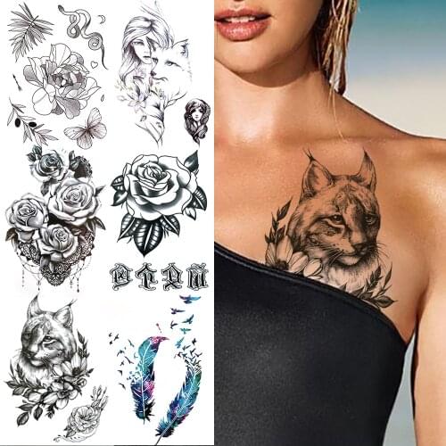 Unique Cat Temporary Tattoos For Women Girls Realistic Dahlia Tatoo Rose Fox Lace Feather Fake Tatoo DIY Water Transfer Sticker