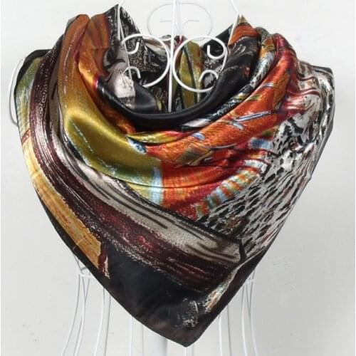 Spring Autumn Female Silk Square Scarf Shawl China Style Polyester Satin Hijabs Scarves Women Silk Scarves Coffee 90*90cm