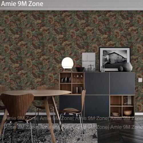 Vintage dark green and brown red plant pattern wallpaper for living room wallpaper classic wall decor