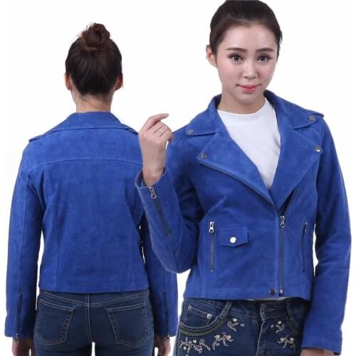 Classic Motorcycle Environmenta protection Leather Jacket punk Coat metal zipper pigskin frosted style Motorcycle Sapphire WOMen