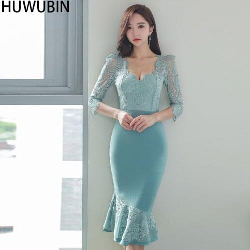 Korean Edition V-Neck Lace Splicing High Waist Oblique Fishtail Dress Office Skirt Womens Elegant Fashion Party Pencil Skirt