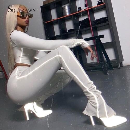 Women Sets Fitness Outfits Long Sleeve Zipper Crop Top Leggings Skinny Two Piece Set Reflective Sportswear Workout Tracksuit