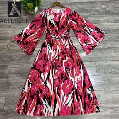 AELESEEN Designer Fashion Women Autumn Winter Dress High Quality Flare Sleeve Red Flower Print Elegant Long Dress