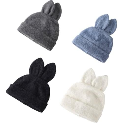 Winter Cute Rabbit Ear Knitted Hat with Curled Edges Warm Knitted Wool Creative Beanie Hat for Women Winter Gift