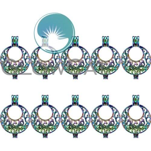 10x C724 Rainbow Colors Round Flower Moon Stone Beads Cage Jewelry Making Essential Oil Diffuser Pearl Cage Locket Pendant
