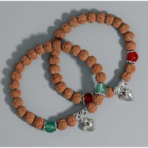 7mm Rudraksha Red and Green Natural Stone Couple Love Elastic Rope Bracelet Meditation Charm Fashion Semi-Precious Jewelry