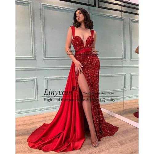Sparkly Red Sequined Prom Dresses With Detachable Train 2021 Robe De Soiree 2 In 1 Sexy Side Split Mermaid Evening Party Gowns