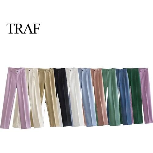TRAF ZA Women Pants Chic Fashion Elegant Office Commute Daily Wear Straight Pants Vintage High Waist Zipper Fly Female Trousers