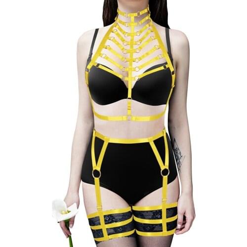 Harness Bra Sexy Purple Lingerie Gothic Body Strappy Top Chest Bodysuit Garter Suspender Crotchless Panties Bandage Club Dance