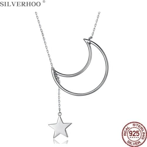 SILVERHOO 925 Sterling Silver Necklaces For Women Big Moon Tiny Stars Necklace Hot Sale Simple Gift Fine Jewelry New Listing