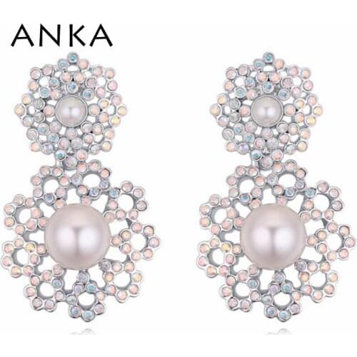 ANKA Classic Round Rhodium Plated crystal earrings Simulated-pearls from Austrian #114778