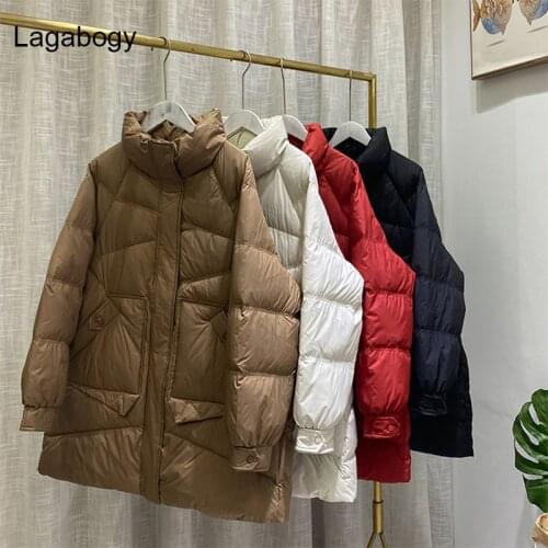 Lagabogy 2021 Women Winter Warm Jacket Female Casual White Duck Down Coat Stand Collar Zipper Big Pocket Parkas Loose Outwear