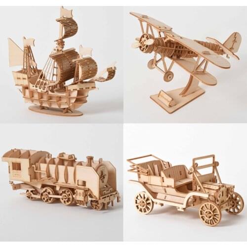 Laser Cutting 3D Wooden Puzzle Sailing Ship Biplane Steam Locomotive Train Toys Assembly Kits Desk Decoration for Children Kids