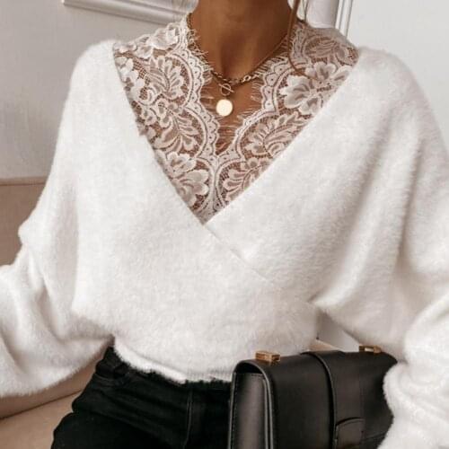 Fashion Tops Blouse Women Sexy Women Solid Color Lace Patchwork V Neck Long Sleeve Plush Blouse Pullover Top Blouse Shirt 2021