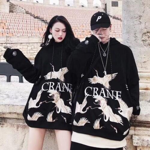 2018new western autumn and winter hip hop women embroidered crane hoodie