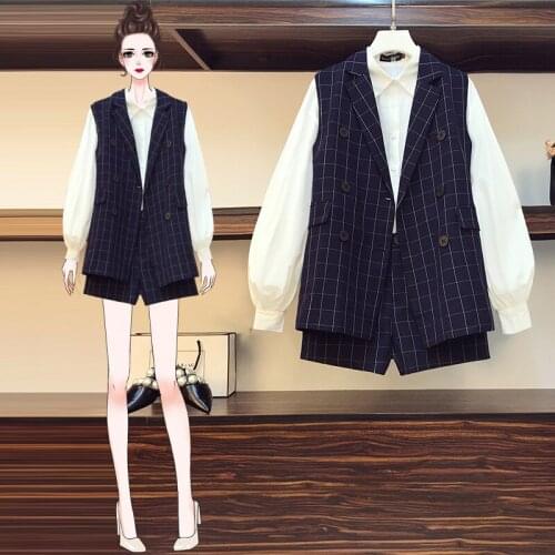 Real shot 2021 early spring new large female Korean Plaid suit vest wide leg shorts suit three piece suit