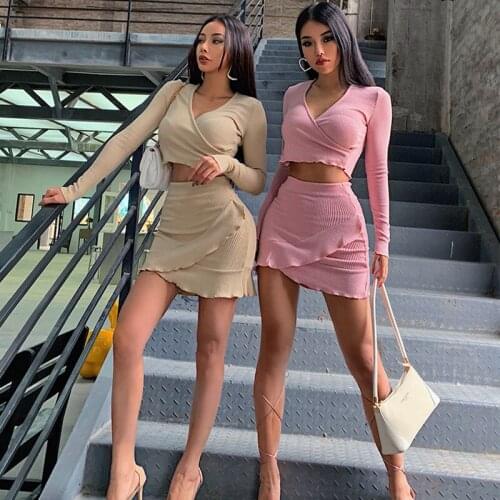 2021 Summer New Slim Lotus Leaf Cardigan Long-Sleeved Tight-Fitting Hip Two-Piece Suit