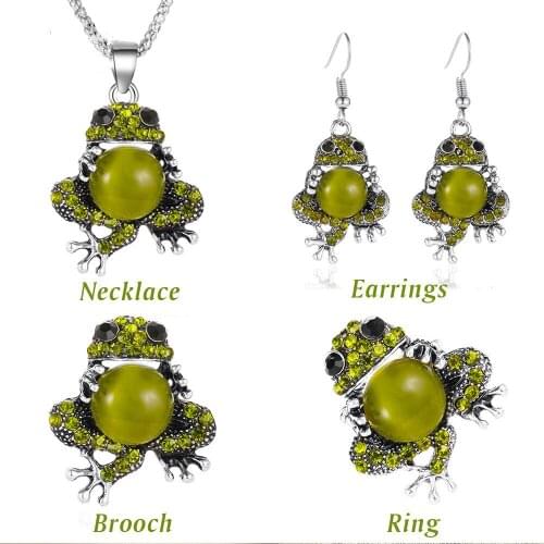 New Cute Pet Jewelry Cats Eye Opal Frog Earrings Elastic Ring Pendant Necklace Brooch Exquisite 4pcs/Set Frog Jewelry Set