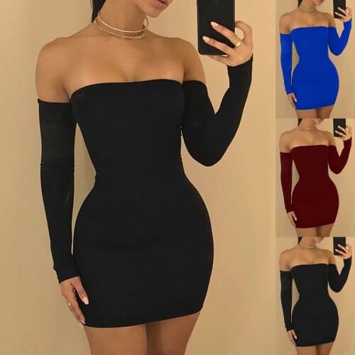 Autumn Women Sexy Tight Fitting Solid Strapless Off Shoulder Long-sleeved Mini Dress Party dress vestidos dresses for women 2021