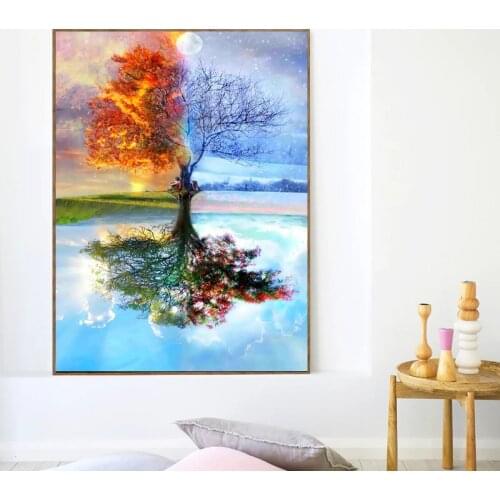 Landscape Tree Fantasy Canvas Painting Abstract Embroidery Mosaic Art Pictures for Living Room Home Wall Art Decor No Frame