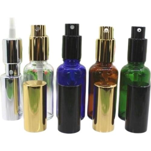 30ml 50pcs clear/blue/green/brown glass bottle with pump mist sprayer essential oil serum liquid skin care cosmetic pack