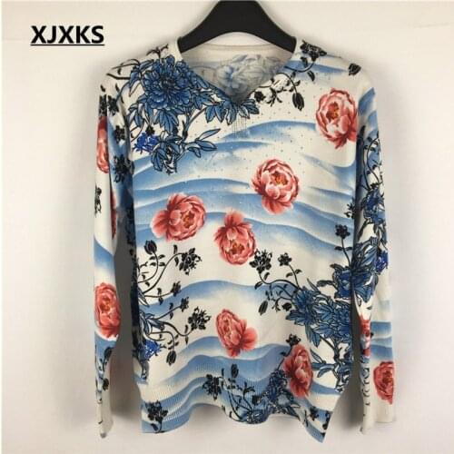 XJXKS Autumn Sweater Women Retro Knitting Pullover New Ladies Loose Tops V-Neck Long-sleeved Print Large Size Casual Sweater