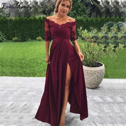 Mbcullyd A-line Long Prom Dresses 2020 Sexy High Split Burgundy Women Formal Evening Dress Gown Half Sleves Vestidos de gala