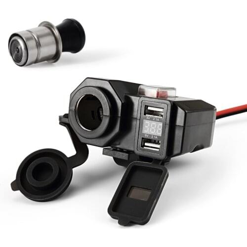 5V/2.1A Dual USB Charger Socket Waterproof Motorcycle Handlebar Clamp Power Adapter Charger USB Charging System with Cigarette