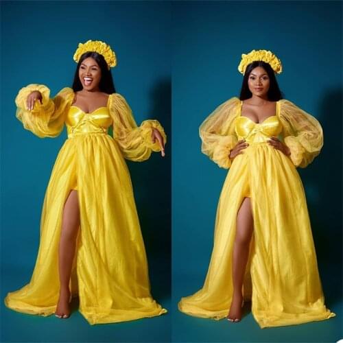 Bright Yellow Wedding Robes Evening Dress Ruched Satin Long Sleeves Side Split Custom Made Marriage Dressing Sleepwear Dresses