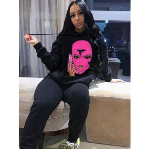 Echoine Winter Women Sportwear Cute Cartoon Print Hoodies Top and Pants Two Piece Set Jogging Femme Tracksuit Black Gray Suits