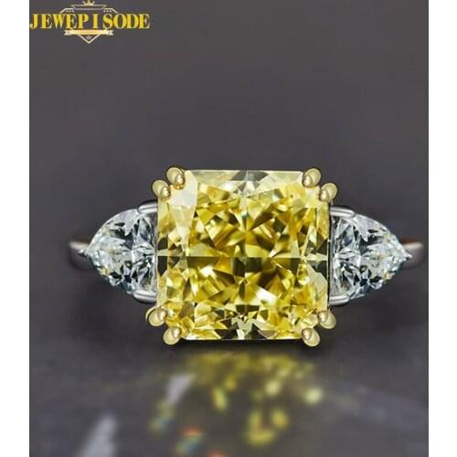 Jewepisode Top Grade 100% 925 Sterling Silver 10MM Created Moissanite Citrine Wedding Engagement Ring Fine Jewelry Women Rings