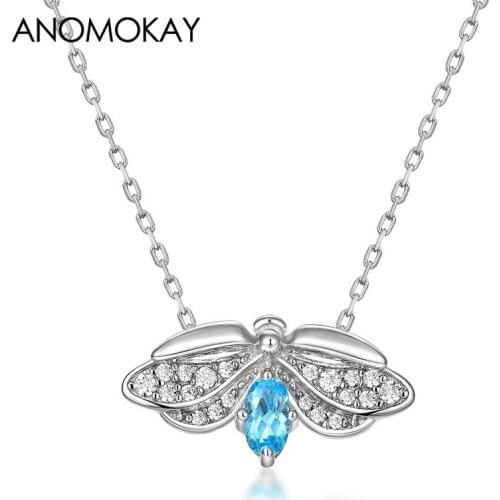Anomokay New Blue Topaz Firefly Pendant 925 Silver Women Necklace Genuine Sterling Silver Chian Link Necklace with White Zircon