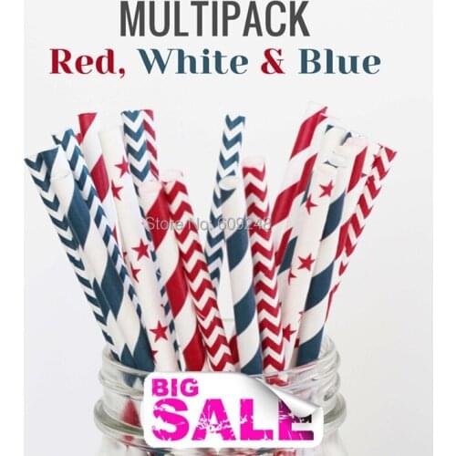 125pcs Mixed Colors RED, WHITE & BLUE Partiotic Paper Straws,Red,Navy,Chevron,Star,Stripe,Independence Day,4th of July Party