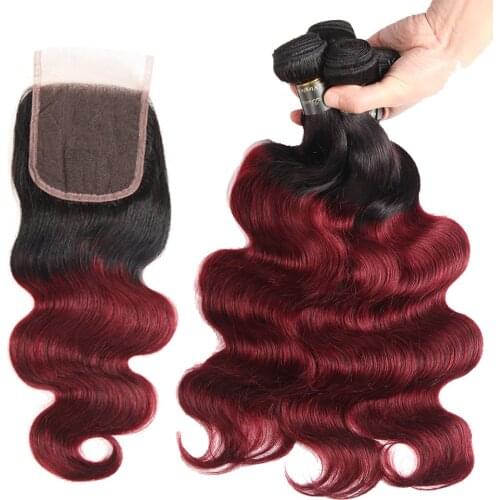1B/99J Ombre Human Hair Bundles With Closure Burgundy Remy Hair Weave Extensions Brazilian Body Wave Bundles With Lace Closure