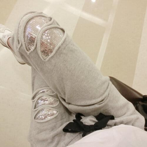 2021 women spring summer ripped hole sequin harem pants joggers womens casual plus size sweatpants trousers pantalon femme