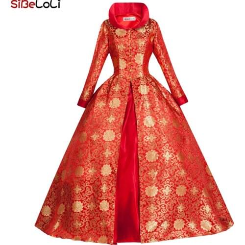 Renaissance Red Floral Printed Brocade Gothic Steampunk Victorian Period Dress Ball Gown Reenactment Theatrical Costumes